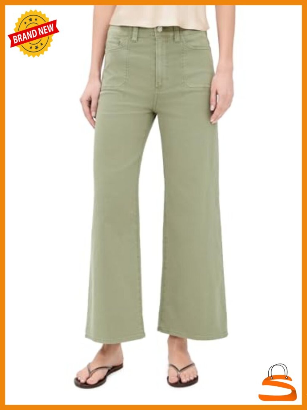 Wide Leg High Rise Jeans with Utility Pockets Stretch Cotton Twill